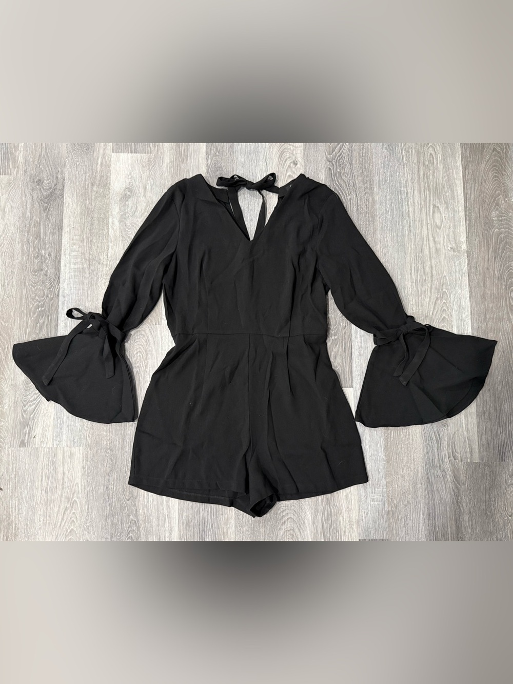 Women's Black Bell Sleeve Whimsigoth Witch Vampire V-Neck Romper with Tie Back L